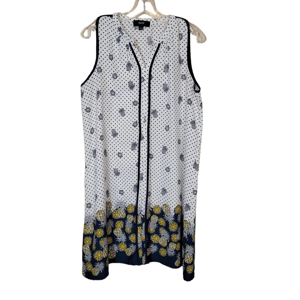 Naif Mini Shift Dress Contrast Pipping Pineapple Print Pullover White Blue SZ L